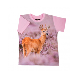 Różowy t-shirt dla dziewczynki z koziołkiem we wrzosach